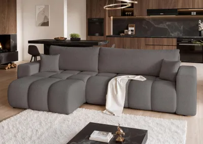 Image de Idohome - Canapé d'angle "Bubble" OFI XL en tissu bouclé, avec fonction couchage, coffre de rangement intégré, canapé pour salon - Couleur : Graphite Centaur 15