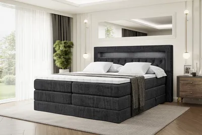 Produktbild von ALTDECOR Boxspringbett mit H3 Matratze-Bonellfederung, H4 Multipocket-Matratze (18 cm hoch) PUR, Topper (4 cm hoch), Polsterbett mit Kopfteil, Bettkasten und LED-Beleuchtung - NOEL GOLD KING -200x200 - Schwarz Samt