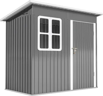 Produktbild von Gartenschuppen, Gartenhaus mit Fenster, verschließbare Tür, für Garten, Terrasse, Stahl, 221L x 133B x 190H cm, Grau