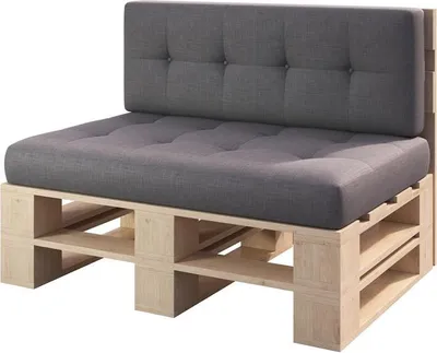 A single modular sofa unit made from wooden pallets with grey upholstered cushions.