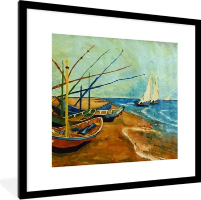 Produktbild von MuchoWow® Gerahmtes Poster Fischerboote am Strand - Gemälde von Vincent van Gogh 40x40 cm - Poster mit Schwarzem Bilderrahmen Wandposter Rahmen Foto Bilder - Poster - Plakat im Rahmen