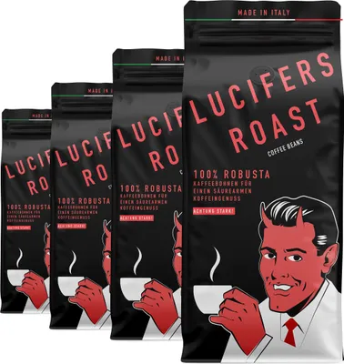 Produktbild von LUCIFERS ROAST 4x1kg Kaffeebohnen aus Italien für den perfekten Espresso - sehr starker Kaffee - säurearm - 100% Robusta (ganze Bohnen, 4x1kg)
