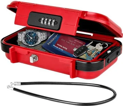 Obrázek produktu pro Přenosný, červený, vodotěsný mini trezor s číselným kódem a funkcí proti krádeži