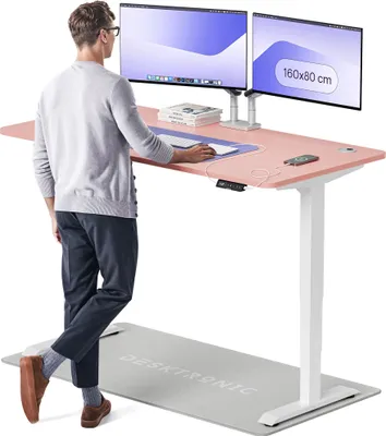 Produktbild von Desktronic HomePro Elektrisch höhenverstellbarer Schreibtisch 160x80cm Weiß/Rosa mit Memory-Funktion, Anti-Kollisions Technologie, USB-A und USB-C-Ladeanschlüssen