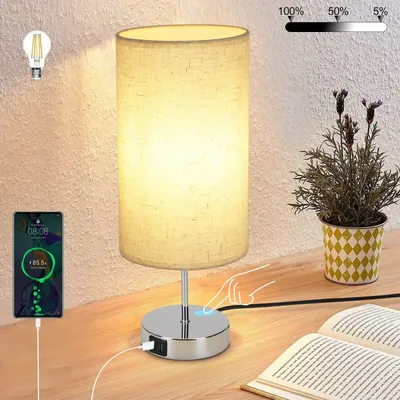 Produktbild von ZMH Tischlampe Wohnzimmer Nachttischlampe Vintage - 1er Chrom Tischleuchte mit USB-Ladefunktion E27 Aufladbar Schlafzimmer Nachtlicht Warmweiß Touch Dimmbar Schreibtischlampe mit Stoff Lampenschirm