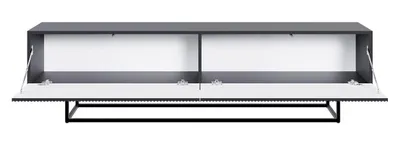 A low TV board with its doors open, revealing the interior compartments.