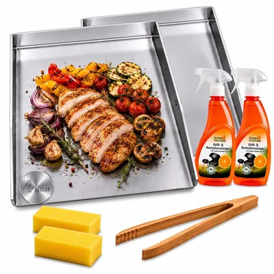 Produktbild von 2er Plancha Grillplatte 40x30cm Edelstahl Set mit Grillzange, Grillreiniger