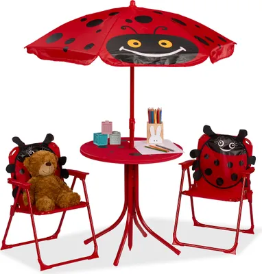 Produktbild von Relaxdays Camping Kindersitzgruppe, Marienkäfer Motiv, Kindersitzgarnitur mit Sonnenschirm, Klappstühlen & Tisch, rot