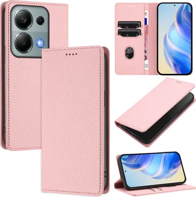 Produktbild von Litchi Leder Handyhülle für Xiaomi Poco M6 Pro 4G/Redmi Note 13 Pro 4G Wallet Kartenfächer Standfunktion Hülle Pink