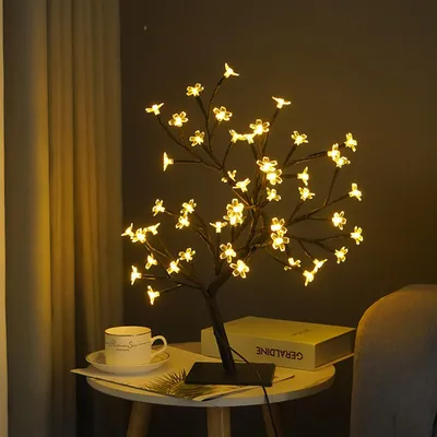 Obrázok produktu pre LED stolná lampa na bonsaj, USB, vianočná, do spálne, dekorácia, stolové nočné svetlo, čierna, 48 svetiel, Sakura
