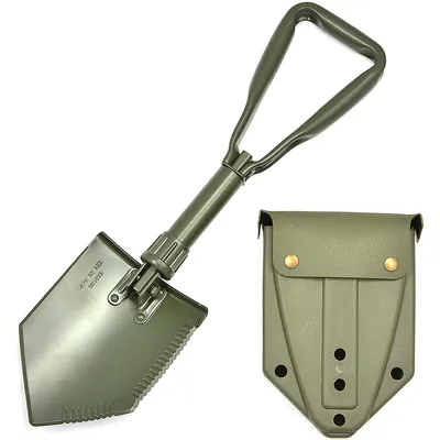 A green folding shovel and its carrying pouch are displayed against a white background.
