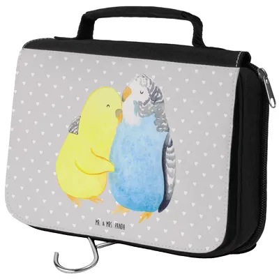 Produktbild von Mr. & Mrs. Panda Waschtasche Wellensittich Liebe - Grau Pastell - Geschenk, Vögel, Umarmen, Kuscheln, Kulturbeutel, Kulturtasche, Freundin, Waschbeutel, badtasche