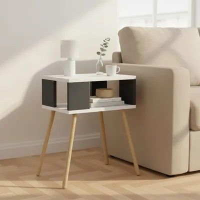 Produktbild von Nachttisch Weiß Anthrazit mit 2 offenen Fächern Skandinavisches Design Massivholz Beine Beistelltisch Wohnzimmer Kinderzimmer Schlafzimmer