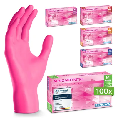 Obrázok produktu pre ARNOMED Nitrilové rukavice na jedno použitie Ružové Nekĺzavé Bez latexu Bezpečné pre potraviny Veľkosť L