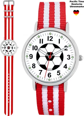 Produktbild von Pacific Time Armbanduhr Kinderuhr Jungen Fußball Sport Nylon Wechselarmband rot weiß 86921