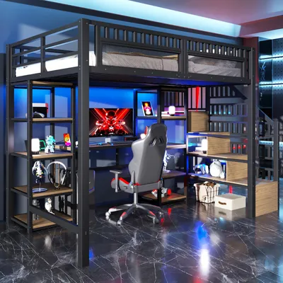 Produktbild von Flieks Etagenbett 140x200cm mit Schreibtisch und Regal, Hochbett mit Treppe, Jugendbett mit Led und Lattenrost, Kinderbett Metallbett Schwarz