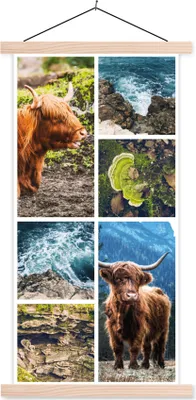 Produktbild von MuchoWow® Textilposter Schottische Hochlandrind - Natur - Collage 60x120 cm mit holzfarbenen Rahmen - Holz