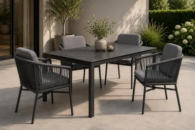 Produktbild von Destiny Sitzgruppe LIMONE CREMONA 4 Stapelsessel.+ 1 Tisch 160x90x74cm, anthrazit