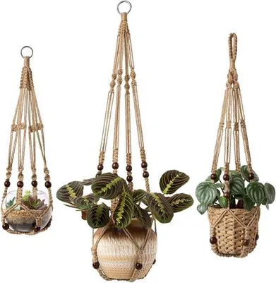 Immagine prodotto di Set per macramè in juta con perline - 3 cesti sospesi per fiori - per interni - 58-73-89 cm