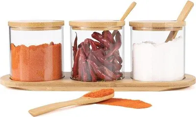 Productafbeelding van Famanu kruidenpotten set, 3 stuks, elk 300 ml, met bamboedeksel en lepel