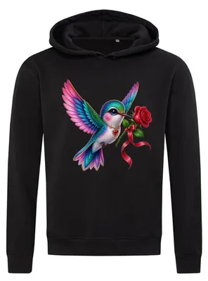 Produktbild von Schwarze Kapuzenjacke mit bunten Kolibris und Rosen