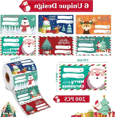 Set von 200 Weihnachtsstickern, Selbstklebende Etiketten für Geschenke, Umschläge und Weihnachtskarten, 7.5 x 4 cm