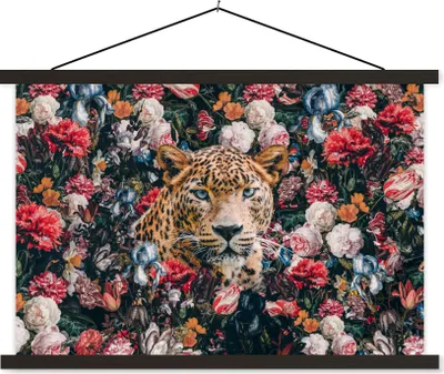 Produktbild von MuchoWow® Textilposter Leopard - Blumen - Tiere 60x40 cm mit schwarzem Rahmen - Hölzernes
