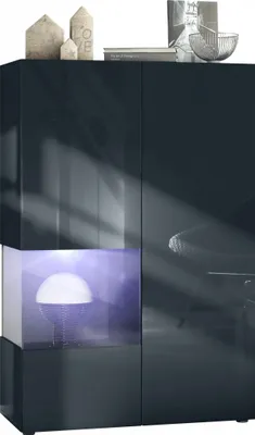 Produktbild von Vladon Vitrine Morena V2,  Germany, Standvitrine mit 2 Türen und Glaseinsatz, Schwarz matt, Fronten Schwarz Hochglanz, Cube Schwarz matt inkl. LED-Beleuchtung Weiß (91,5 x 136,5 x 37 cm)