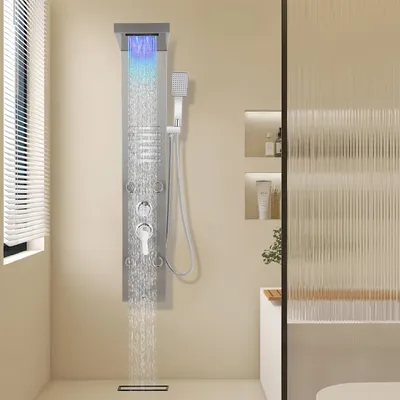 Produktbild von Clanmacy Duschpaneel für Badezimmer Hydromassagen Duschsystem Regendusche Multifunktionales Duschpaneel 5 große Massagedüsen Duschsäule, Silber