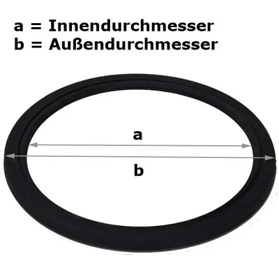 A black ring gasket is shown on a white background with measurement indicators.