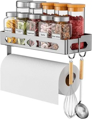 Produktbild von Famanu Küchenrollenhalter mit Kräuterorganizer und Haken - Wandmontage