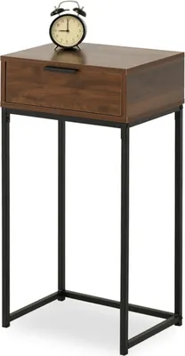 A narrow console table with a walnut-colored top and drawer, supported by black metal legs, is shown against a white background. An alarm clock sits on top of the table.