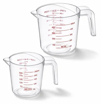 Obrázek produktu pro Sada odměrných kelímků, 2 kusy, objem 500 ml a 250 ml, z průhledného plastu, s rukojetí