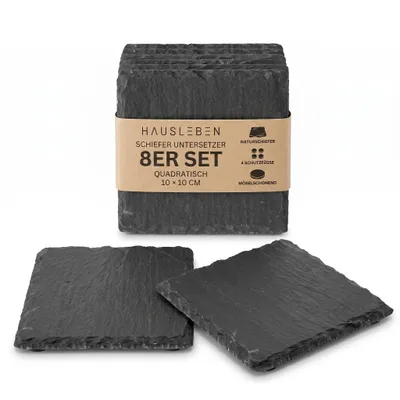 Produktbild von 8 Stück Schiefer-Getränkeuntersetzer, hausleben 10x10 cm Schwarze Schieferuntersetzer Set, mit Anti-Kratz-Boden für Zuhause, Büro, Küche, Wohnung, Bar, Quadratisch, KI-generiertes Bild