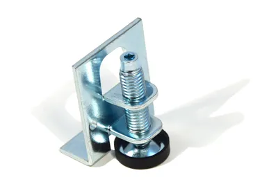 A single furniture foot with a metal bracket and adjustable screw with a black rubber base, isolated on a white background.