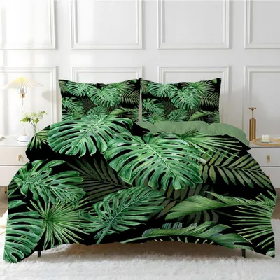 Obrázek produktu pro Sada povlečení 155x220 cm, zelené palmové listy, 3 díly, mikrovlákno, se zipem