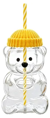 Produktbild von Bärenförmiger Trinkbecher mit Strohhalmdeckel, 500 ml, hitzebeständiges Glas, wiederverwendbarer Kaltgetränkebecher für Eiskaffee, Milchtee und Saft