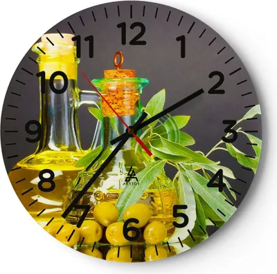 Produktbild von Wanduhr - Rund - Glasuhr - Flasche Glas Olive Öl - 30x30cm - Schleichendes Uhrwerk - Lautlos - zum Aufhängen bereit - Dekoration Modern - Wanddekoration aus Glas - C4AR30x30-2168