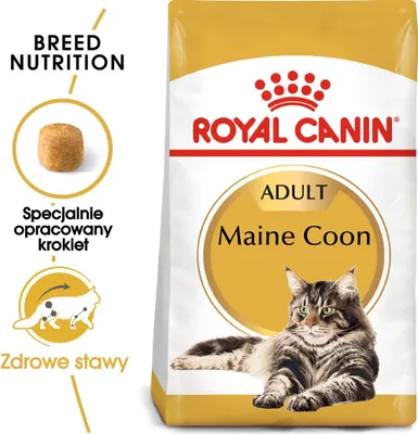 A bag of Royal Canin Maine Coon cat food with a picture of a Maine Coon cat on it.