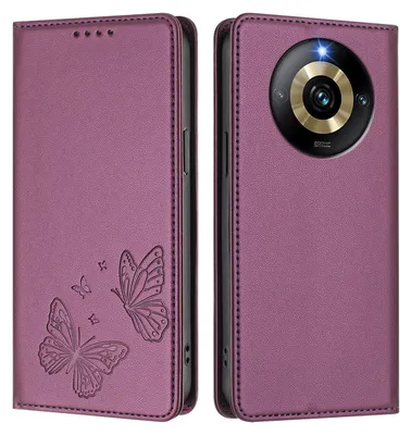 Obrázek produktu pro Kožené pouzdro pro Realme Narzo 60 Pro, motýlí ražbou, peněženkové flip pouzdro se stojánkem Fialová