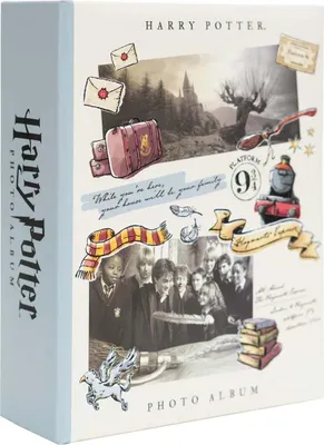 A collage of Harry Potter themed illustrations and images, including Hogwarts, a broomstick, luggage, and characters.