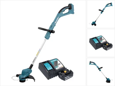 A cordless string trimmer with a battery and charger, presented on a white background.