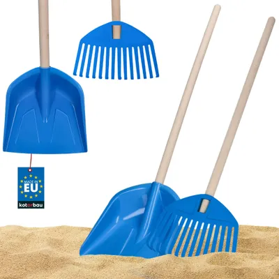 Produktbild von KOTARBAU® Set 2-teilig Kinderschaufel 74cm Sandschaufel mit Holzstiel Laubrechen Kunststoff für Kinder 71cm Laubharke mit Holzstiel PVC Blau