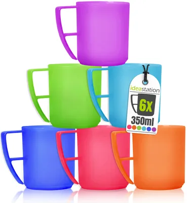 Plastikbecher mit Henkel 6x 350 ml bunt wiederverwendbar bruchsicher