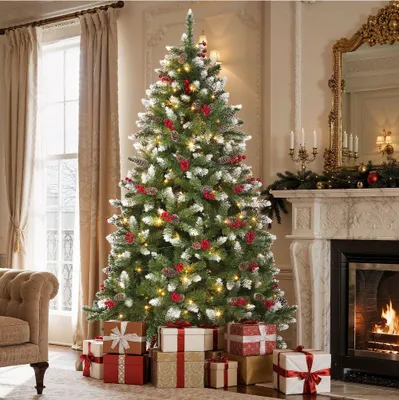 A decorated Christmas tree with presents underneath, in a living room setting with a fireplace and curtains.