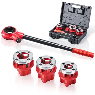 Produktbild von Gewindeschneidkluppensatz - Manueller Rohrgewindeschneider - 3 Schneidköpfe - 1/2–1 Zoll (1,27–2,54 cm) BSPT - Mit Kasten - Für Sanitärinstallation und Reparatur