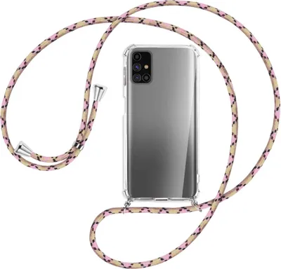 Produktbild von Handykette Backcover-Schutzhülle mit Band (Metall silberfarben) für Samsung Galaxy M31s - rosa Karo