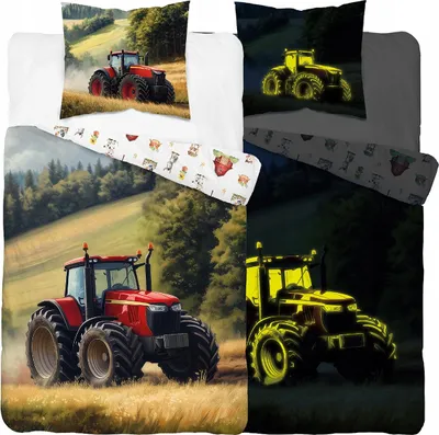 A collage of a tractor-themed duvet cover set, showing both daytime and nighttime (glow-in-the-dark) views.