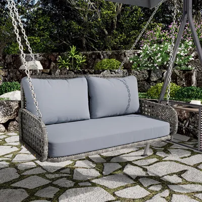 Produktbild von Hochwertige Hängeschaukel Doppelsitz aus UV-beständigem PE-Rattan (320kg) – Wetterfester Hängesitz für Outdoor inkl. waschbaren Kissen & 2 Ketten (240cm), ohne Gestell