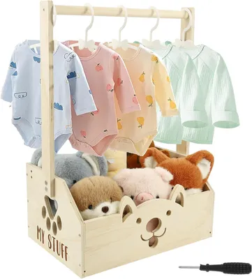 Produktbild von Holz Babykorb mit Griff und 5 Kleiderbügeln, für Babyzimmer